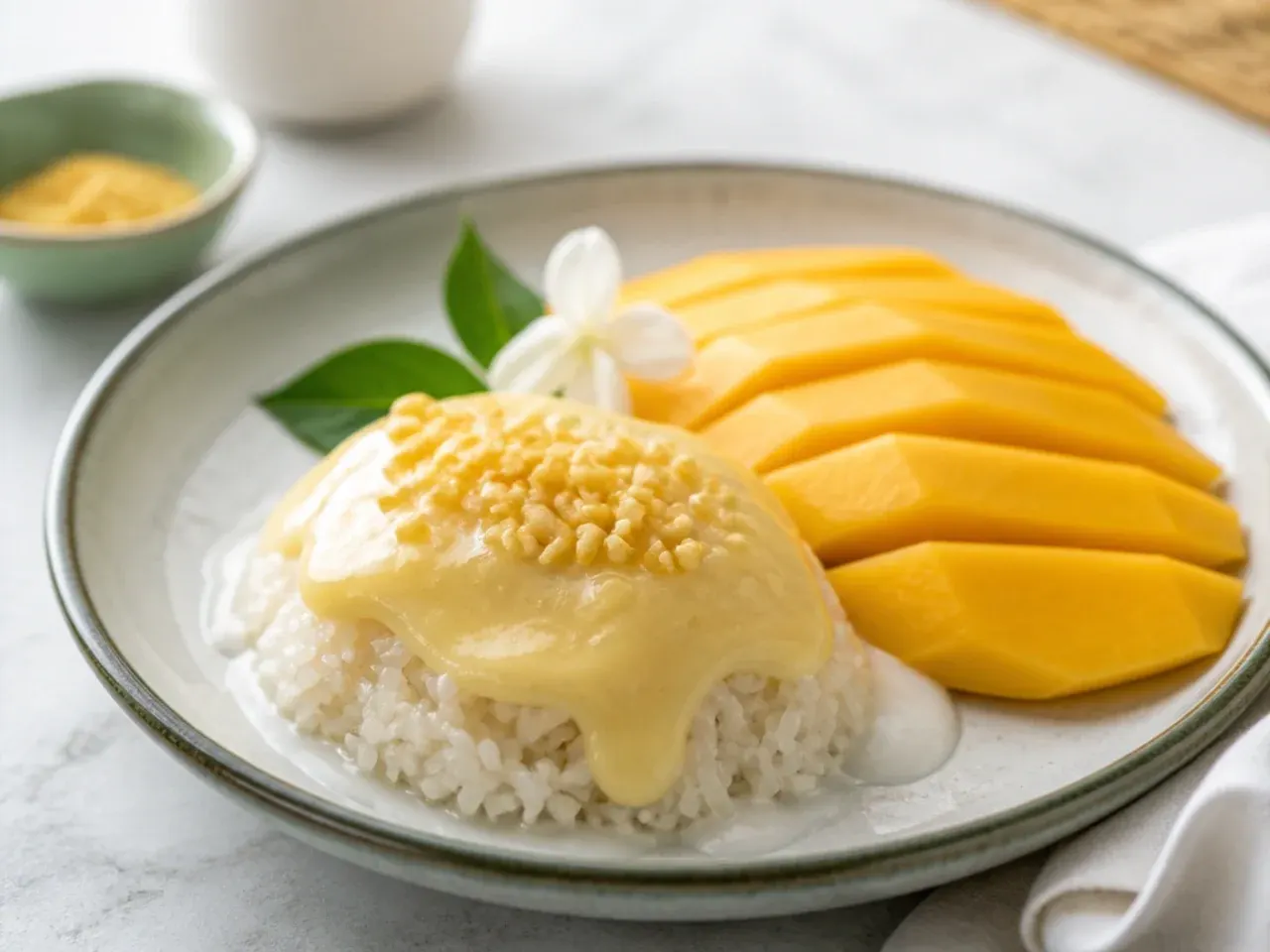 Thai sankaya coconut custard served over sticky rice with fresh mango slices