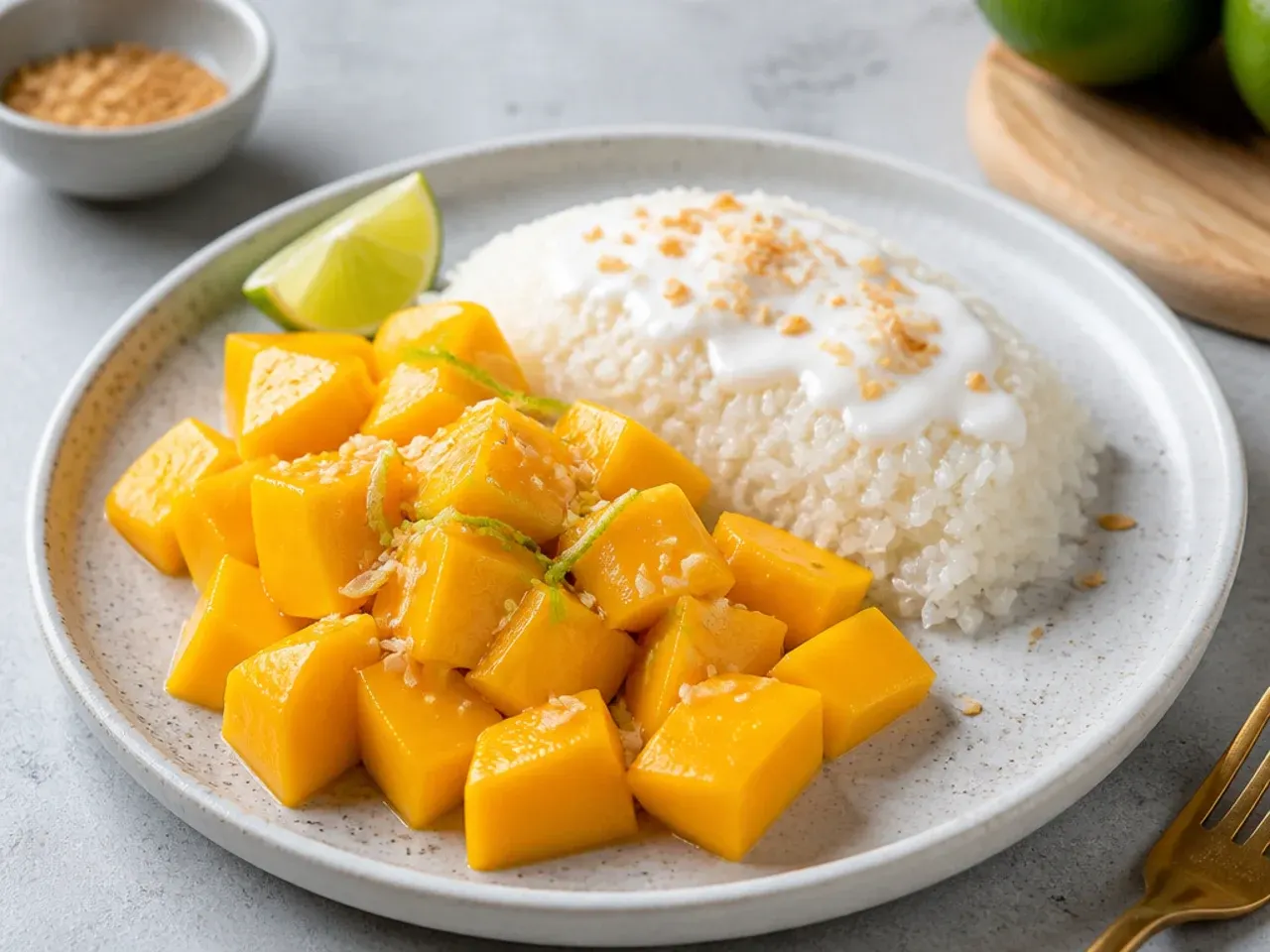 Winter mango sticky rice made with frozen mango chunks and lime
