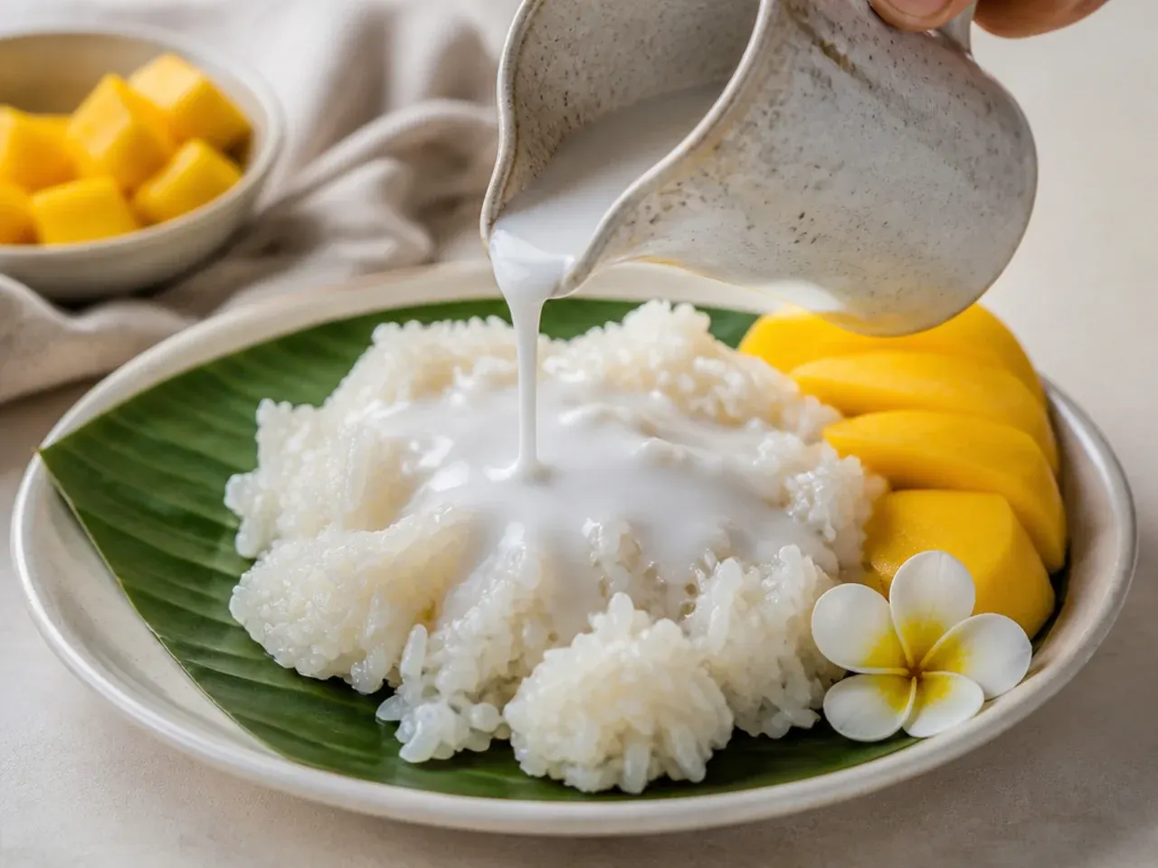 Pouring warm coconut sauce over freshly steamed sticky rice, a key mango sticky rice tip