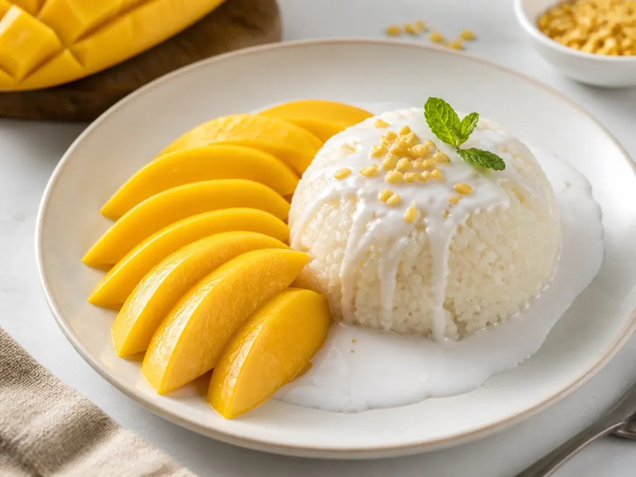 Plated mango sticky rice with moulded coconut rice and fanned mango slices
