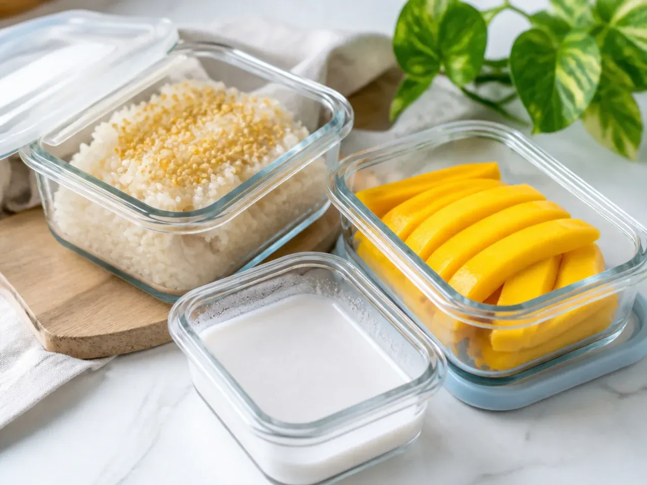 Storing mango sticky rice components in airtight containers for reheating later