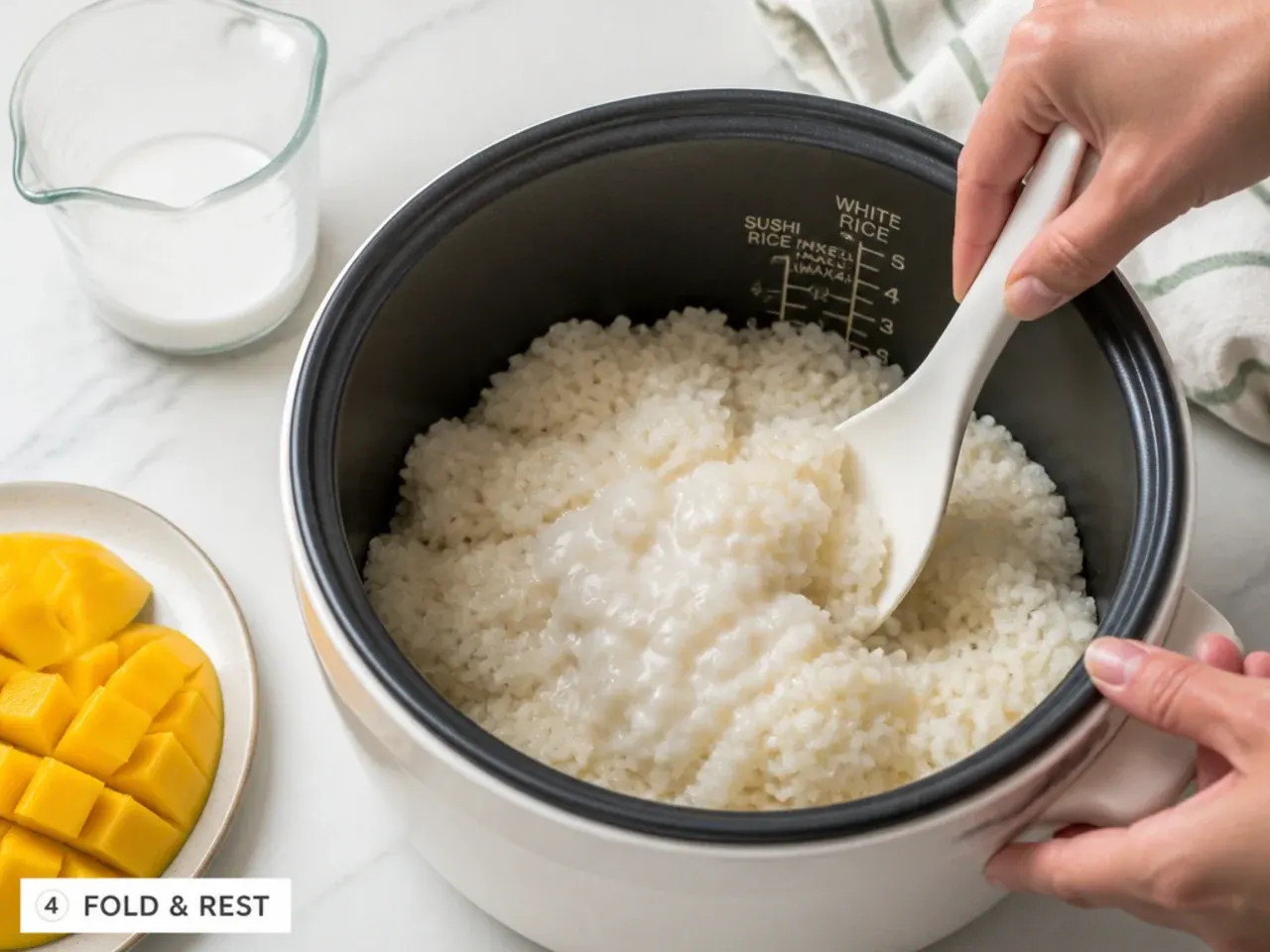 mango sticky rice rice cooker — step 4: fold the sauce into the rice and rest