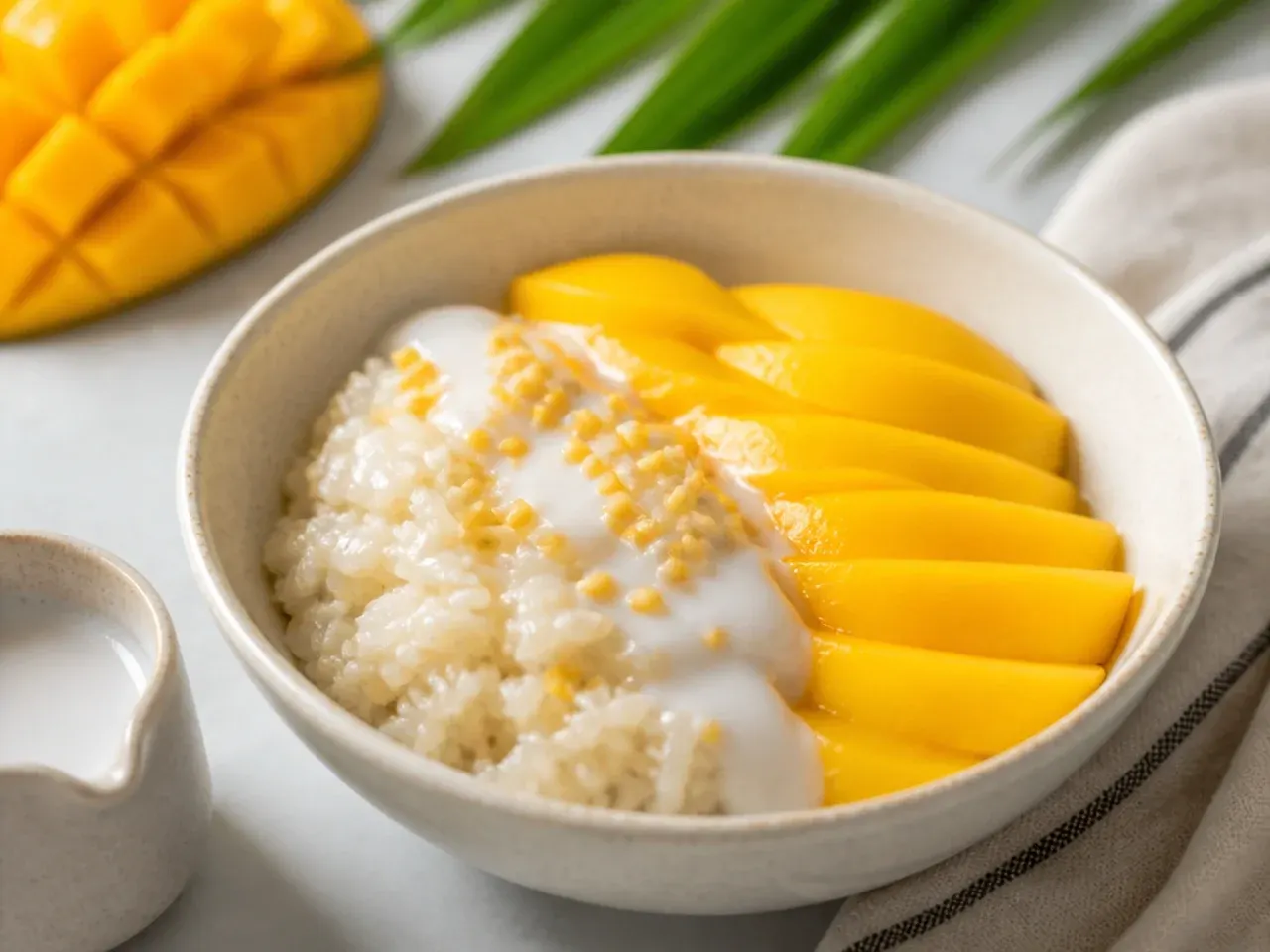 Bowl of rice cooker mango sticky rice topped with coconut sauce and ripe mango slices