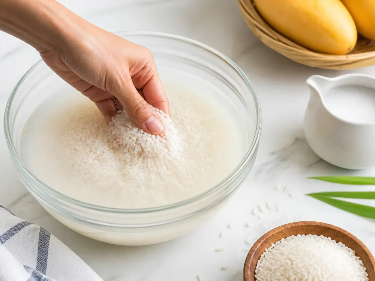 mango sticky rice variations — step 1: rinse and soak the rice