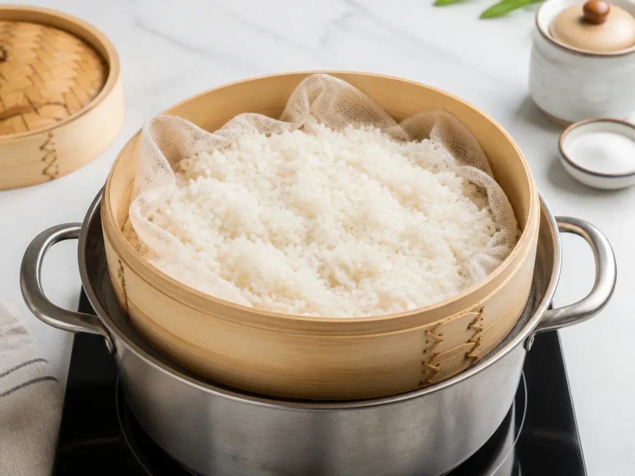 mango sticky rice variations — step 3: steam the rice