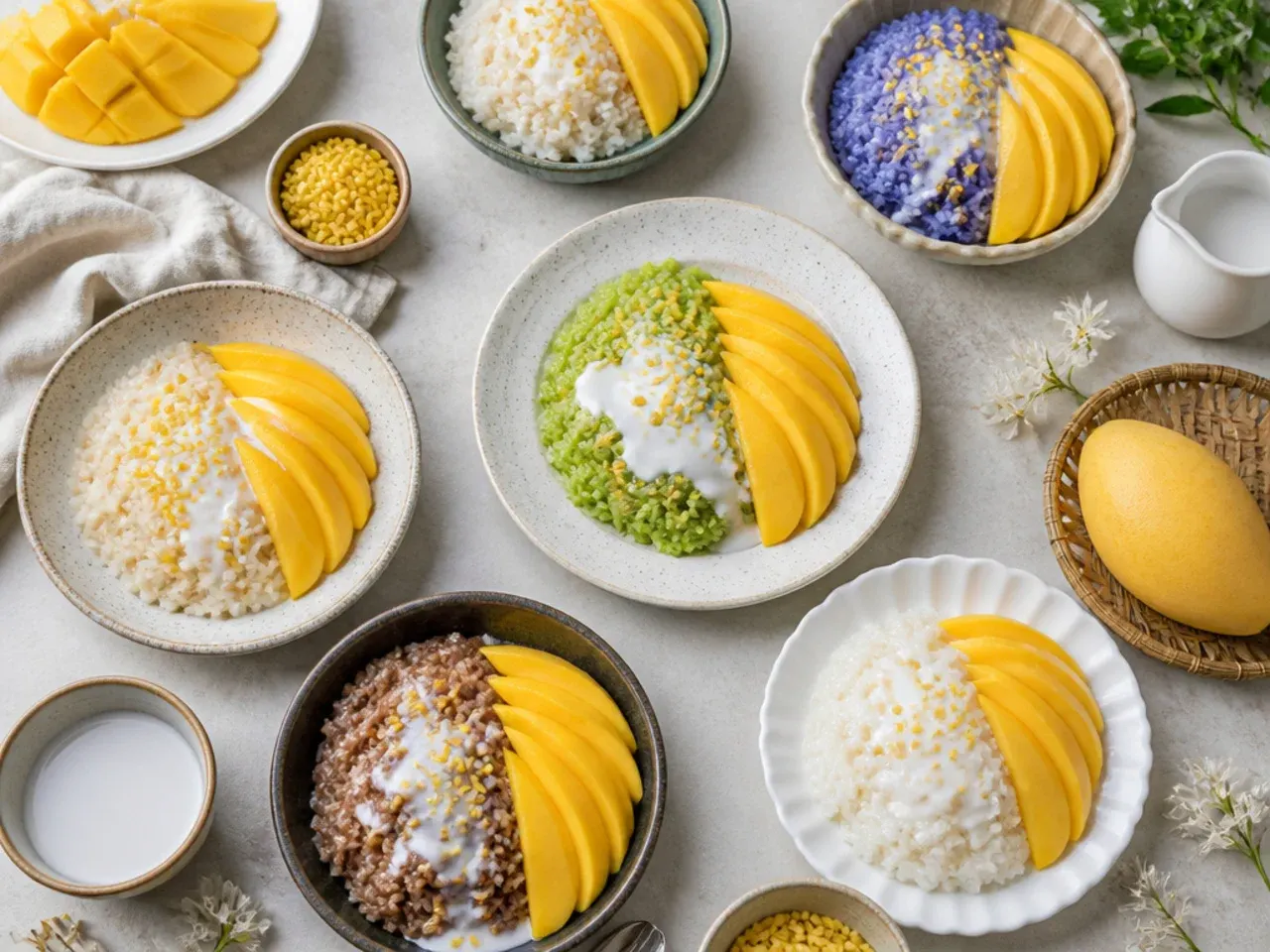 Overhead spread of several mango sticky rice variations with fresh mango and coconut sauce