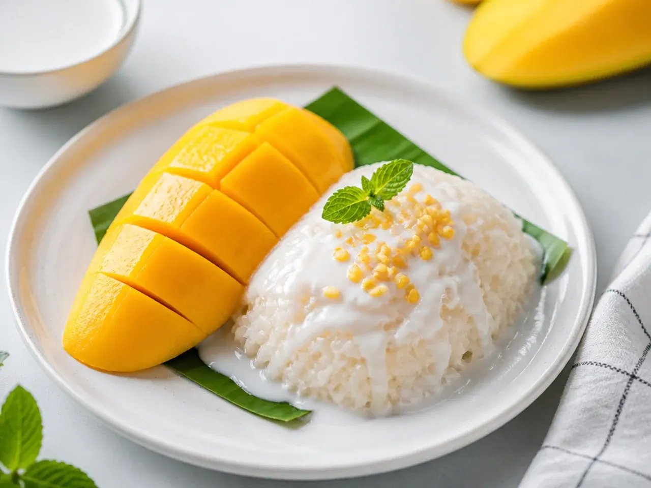 Classic Thai mango sticky rice with fresh mango slices and coconut sauce