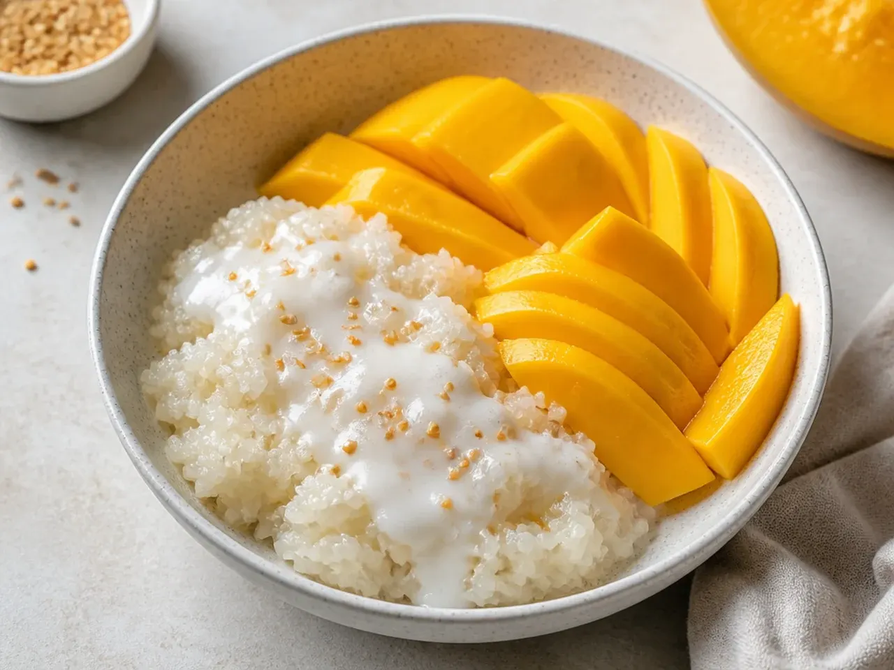 Easy microwave mango sticky rice in a bowl with sliced mango