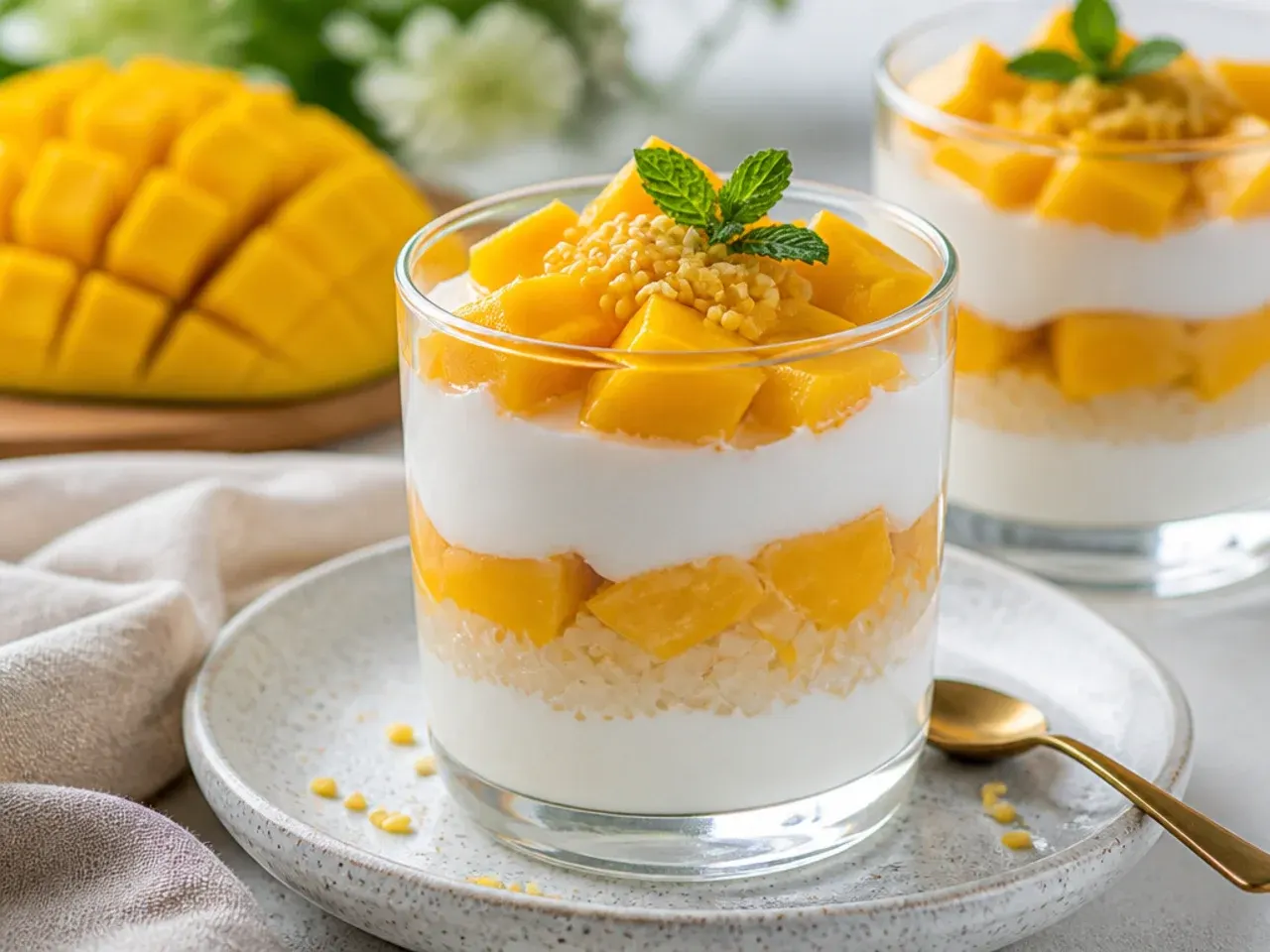 Elegant mango sticky rice verrines layered with coconut panna cotta