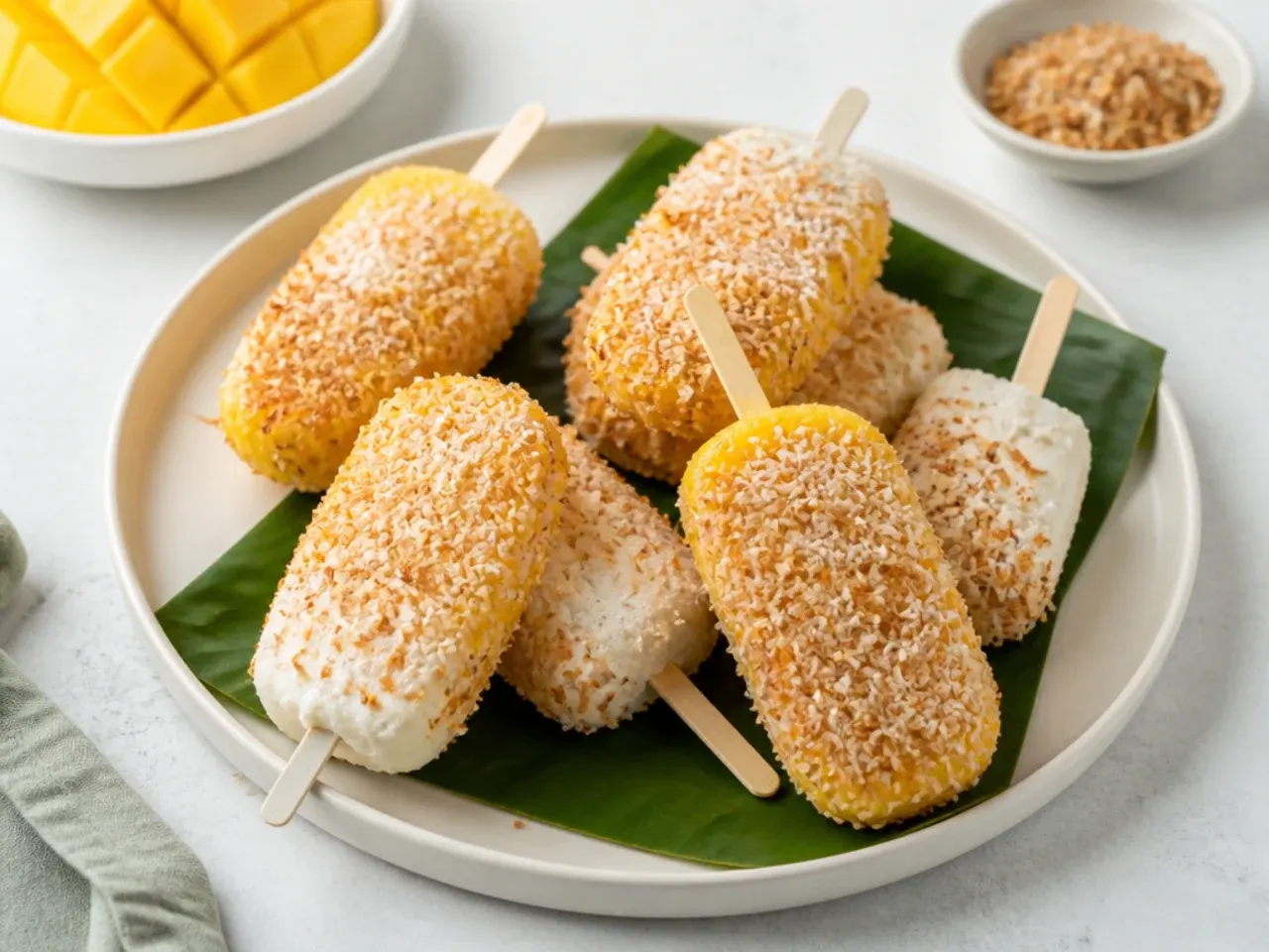 Playful mango sticky rice popsicles coated in toasted coconut