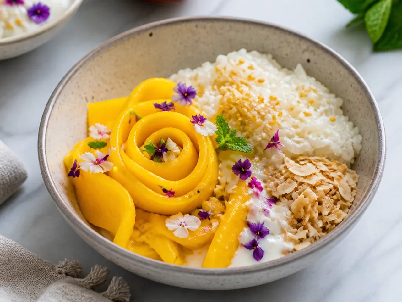 Modern deconstructed mango sticky rice bowl with mango ribbons