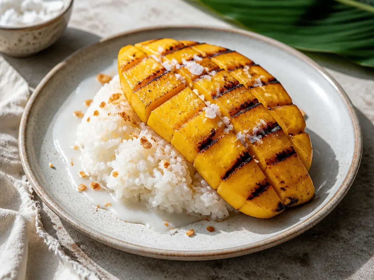 Rustic grilled mango over coconut sticky rice with flaky salt