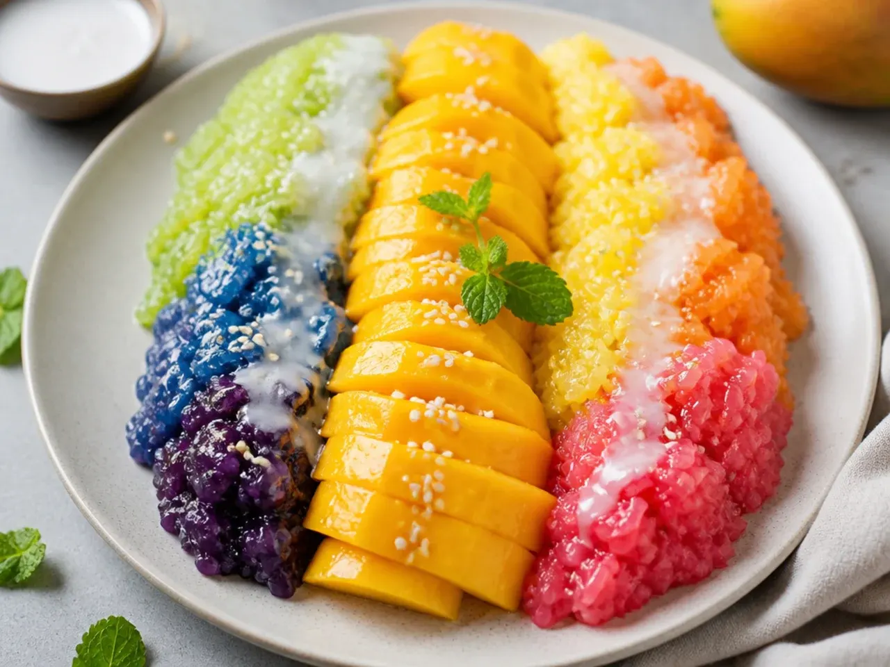 Colorful rainbow sticky rice platter with mango down the center