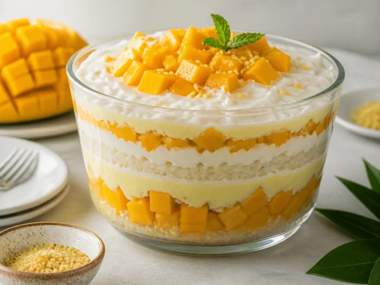 Festive mango sticky rice trifle layered in a glass bowl