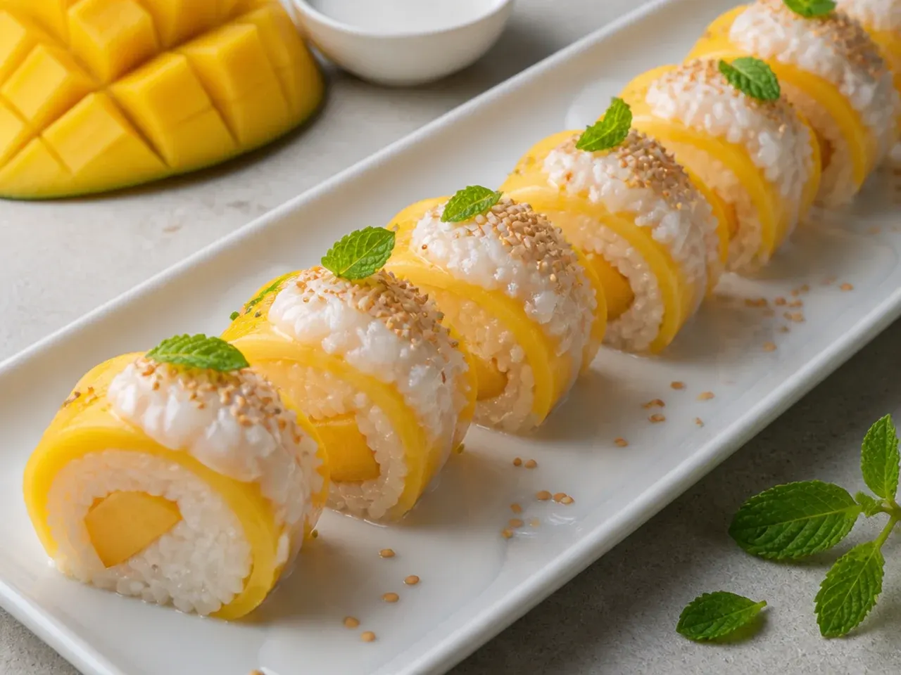 Whimsical mango sticky rice sushi rolls sliced into rounds