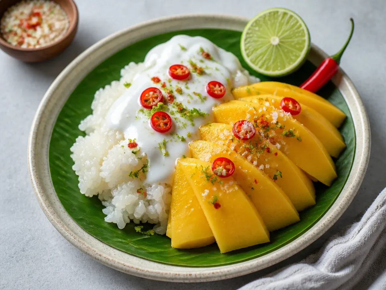 Bold mango sticky rice topped with chili-lime salt and fresh chili