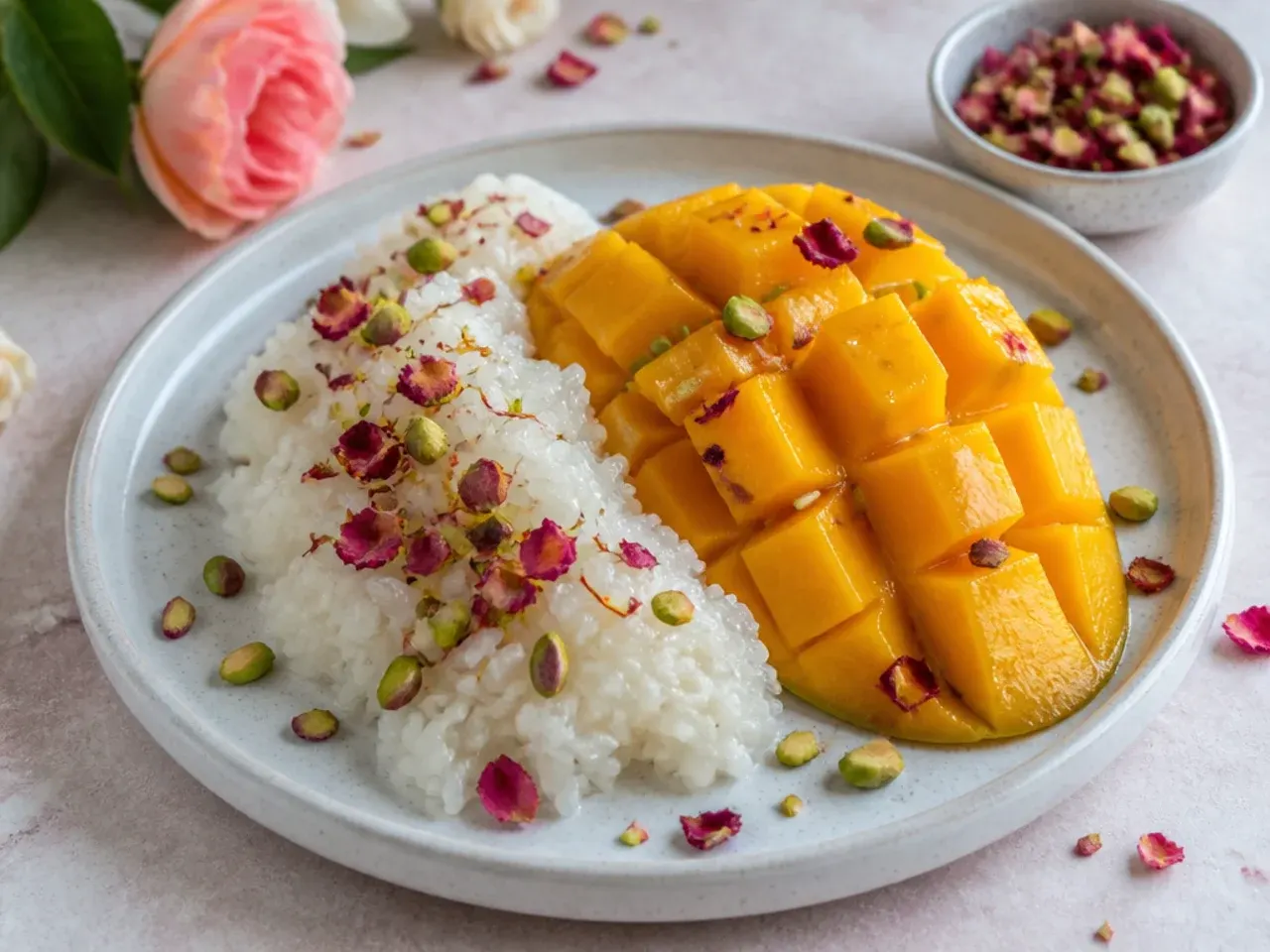 Delicate rose and cardamom mango sticky rice with pistachios
