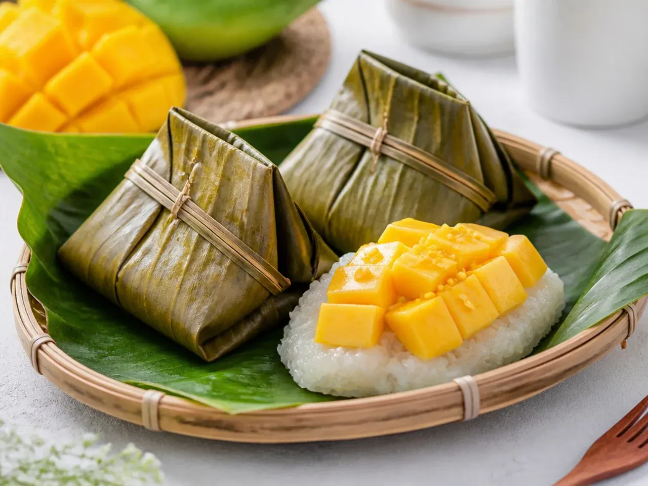Vintage banana-leaf steamed mango sticky rice parcels