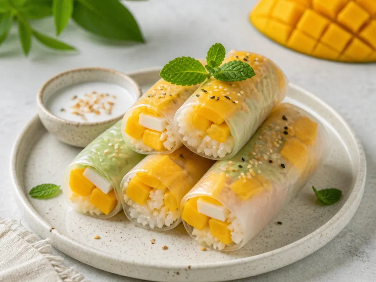 Creative mango sticky rice spring rolls in rice paper wrappers