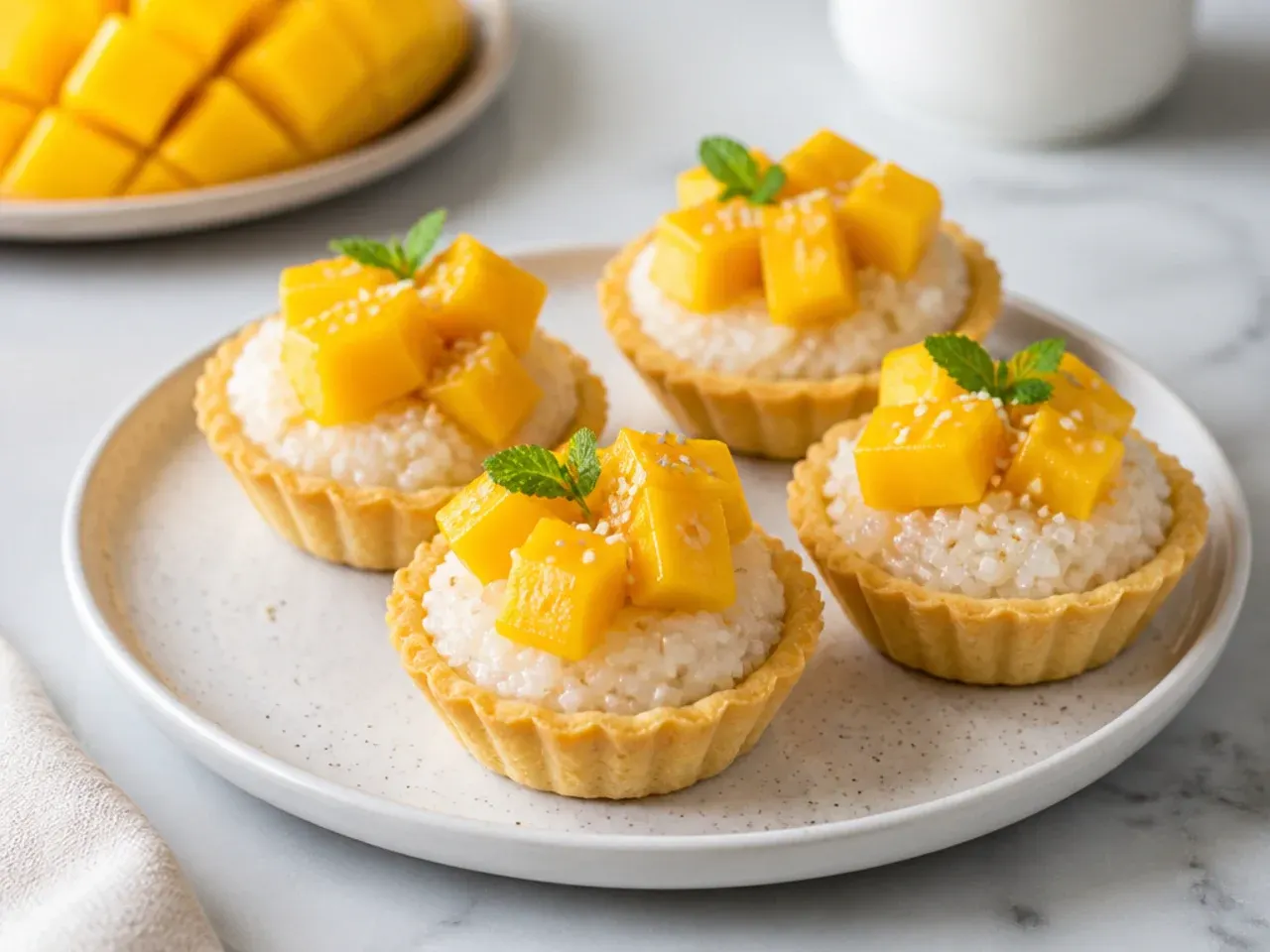 Charming mini mango sticky rice tartlets filled with diced mango