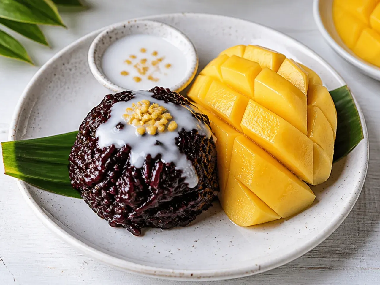 Classic black sticky rice with mango and coconut cream
