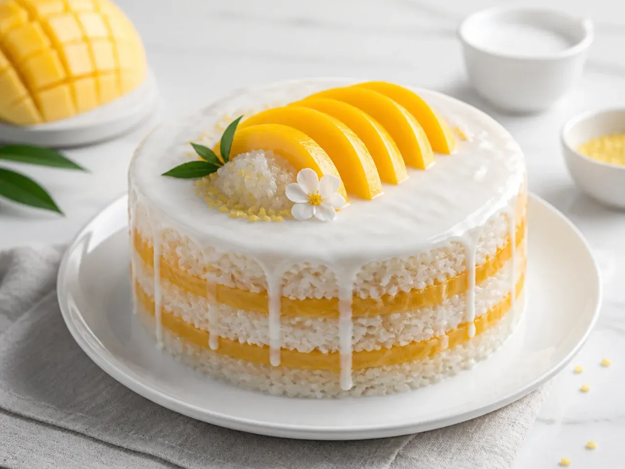 Elegant mango sticky rice layer cake glazed with coconut cream