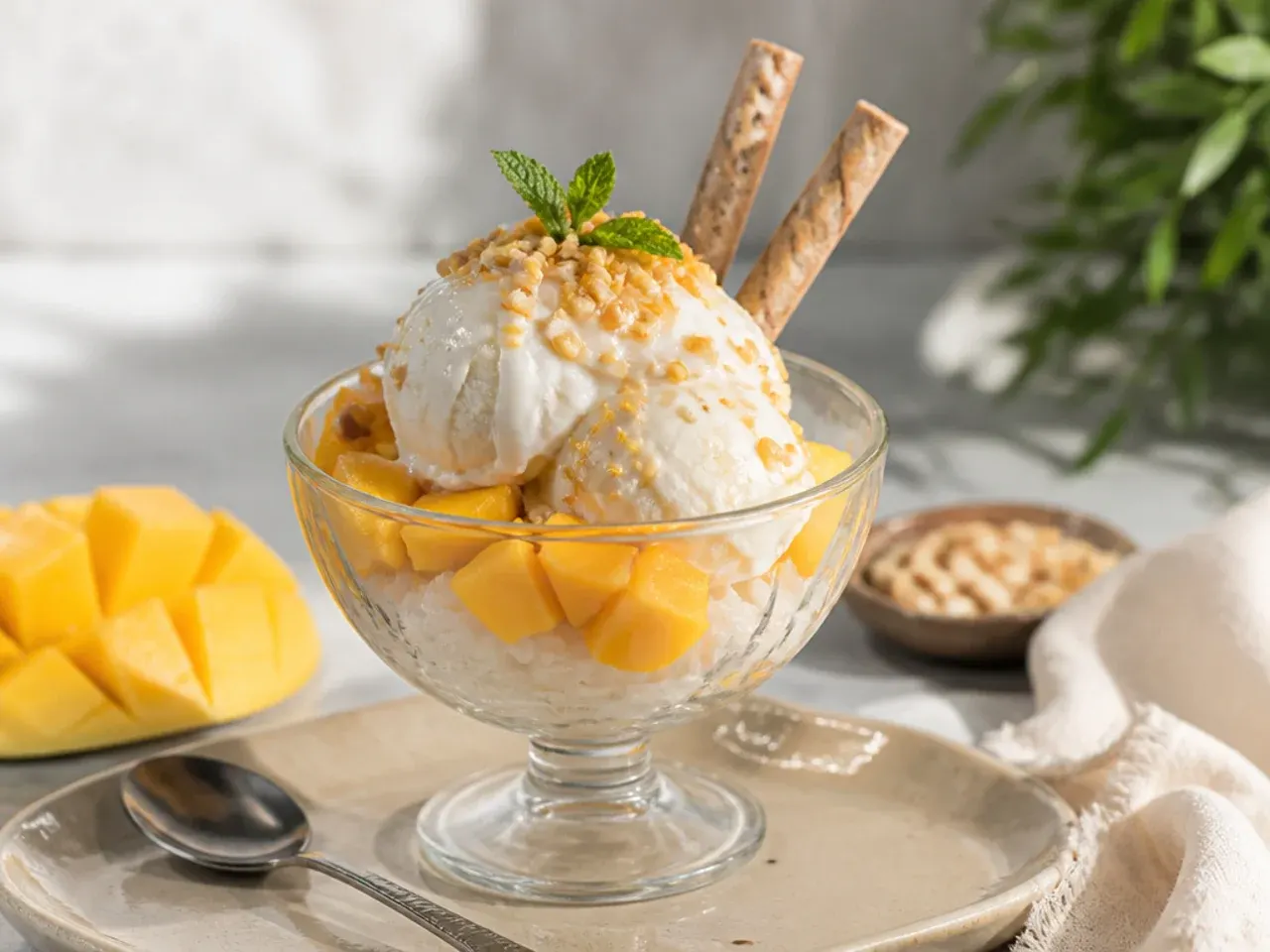 Playful mango sticky rice ice cream sundae with toasted nuts