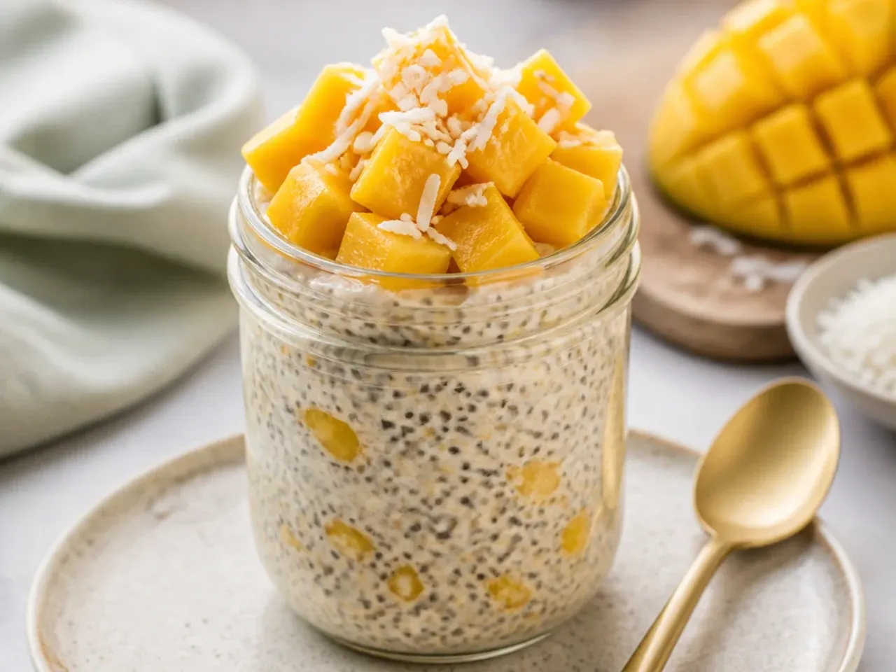 Modern mango sticky rice overnight oats jar with chia and mango