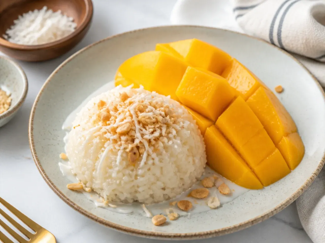 Rustic mango sticky rice with toasted coconut and crushed peanuts