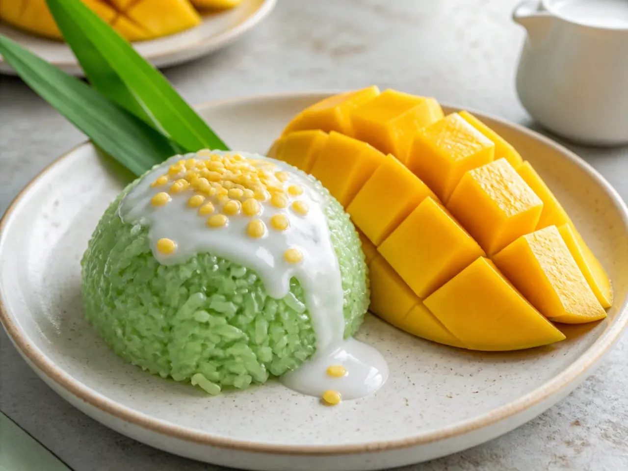 Colorful pandan green sticky rice with bright orange mango
