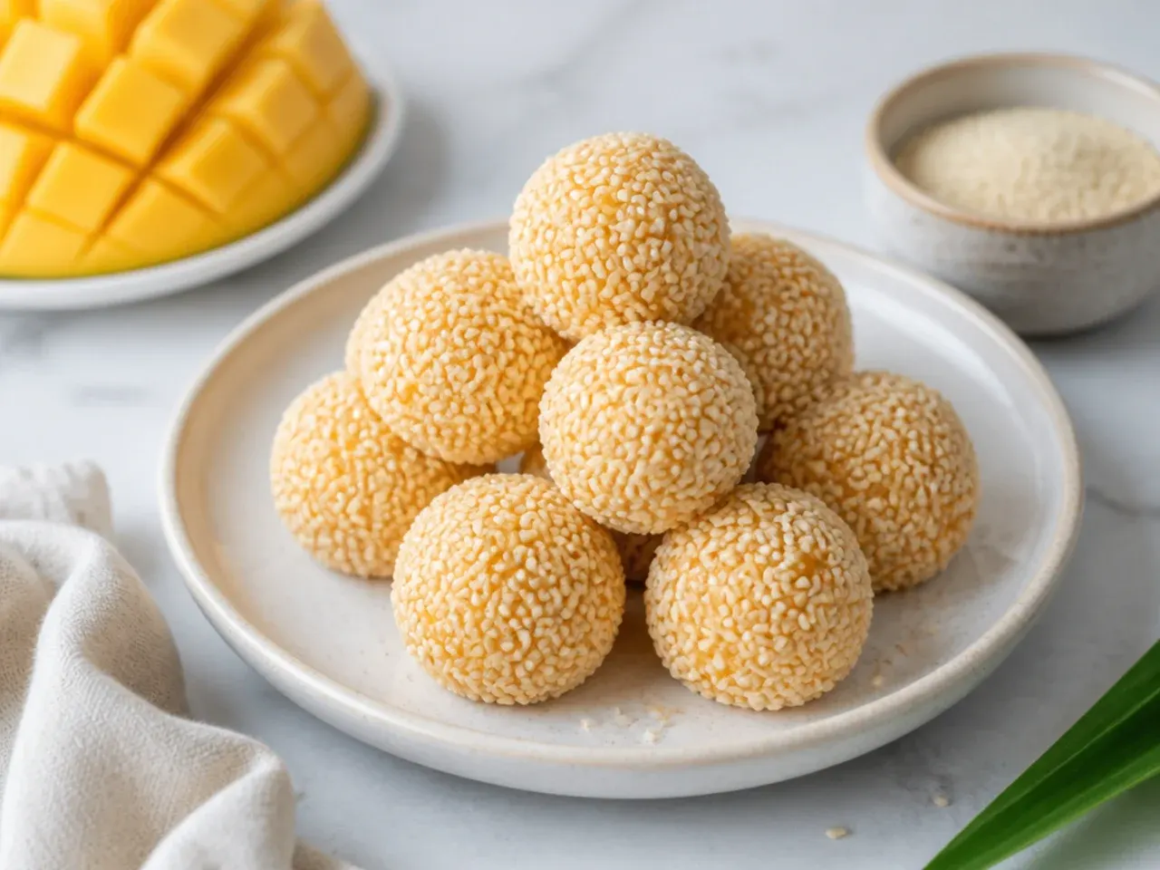 Minimal mango sticky rice energy bites rolled in sesame seeds