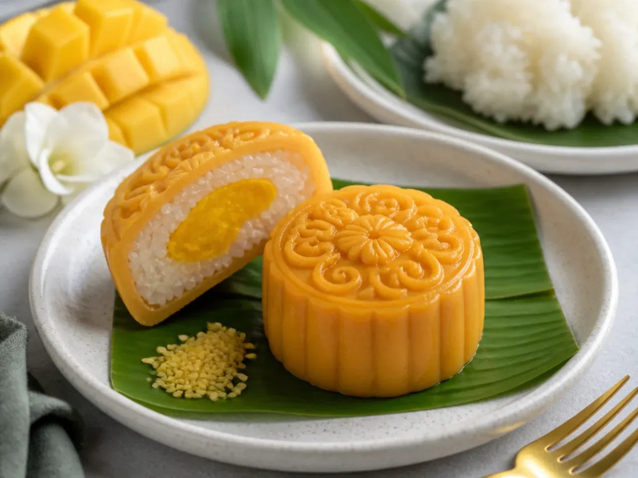 Festive mango sticky rice mooncakes with an embossed pattern