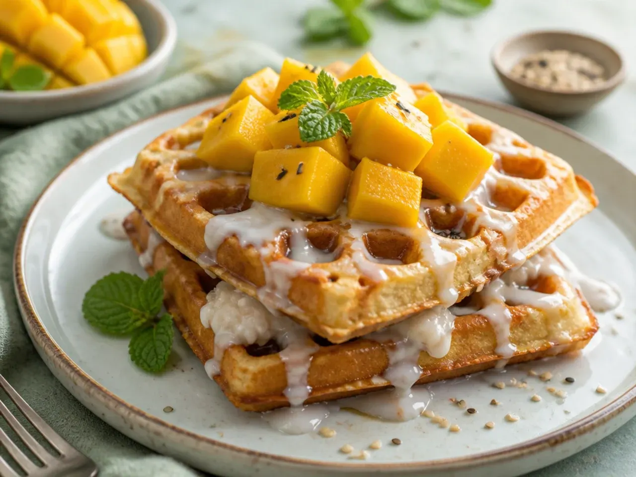 Whimsical mango sticky rice waffles topped with fresh mango