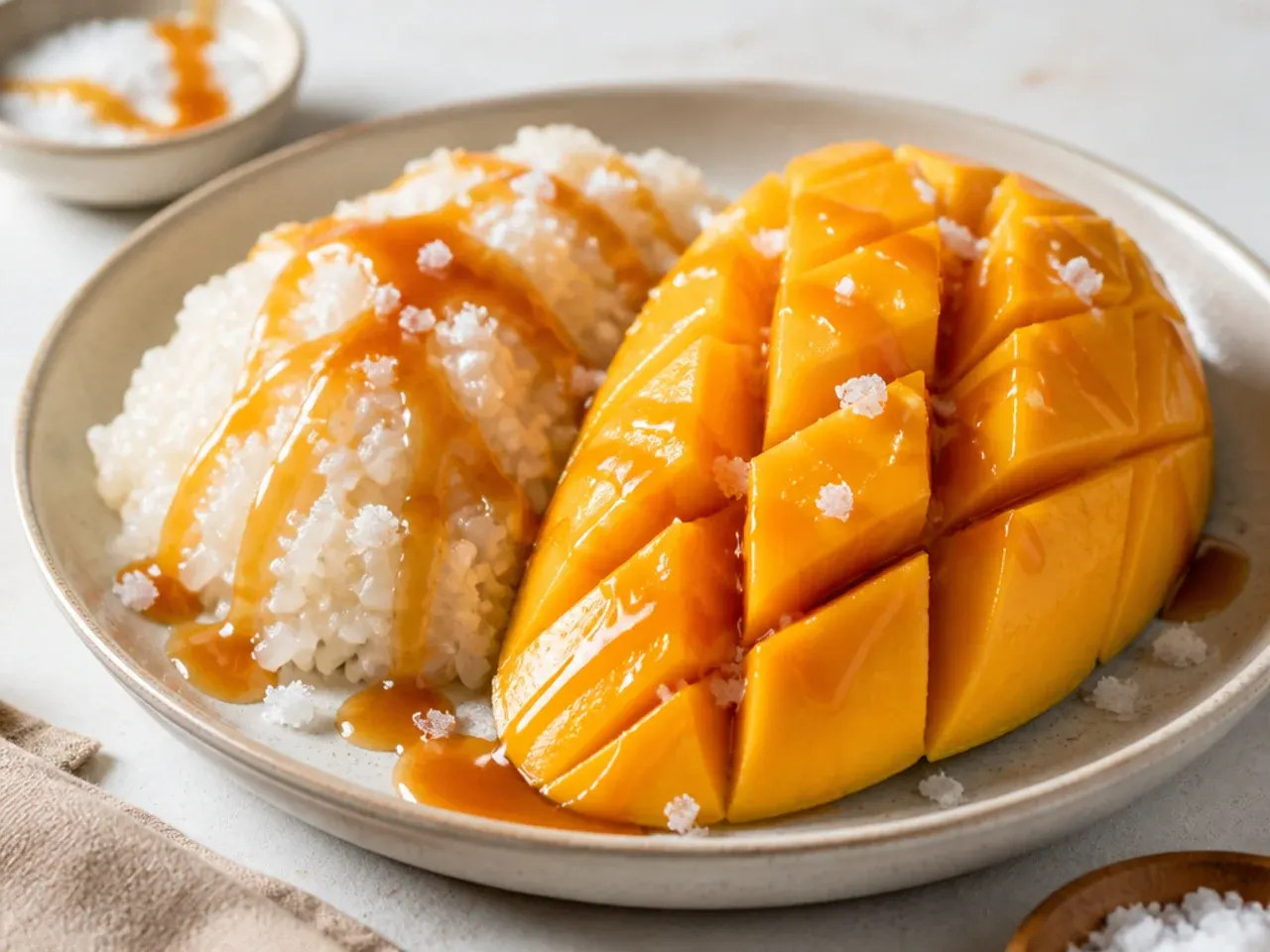 Bold salted caramel mango sticky rice with flaky salt