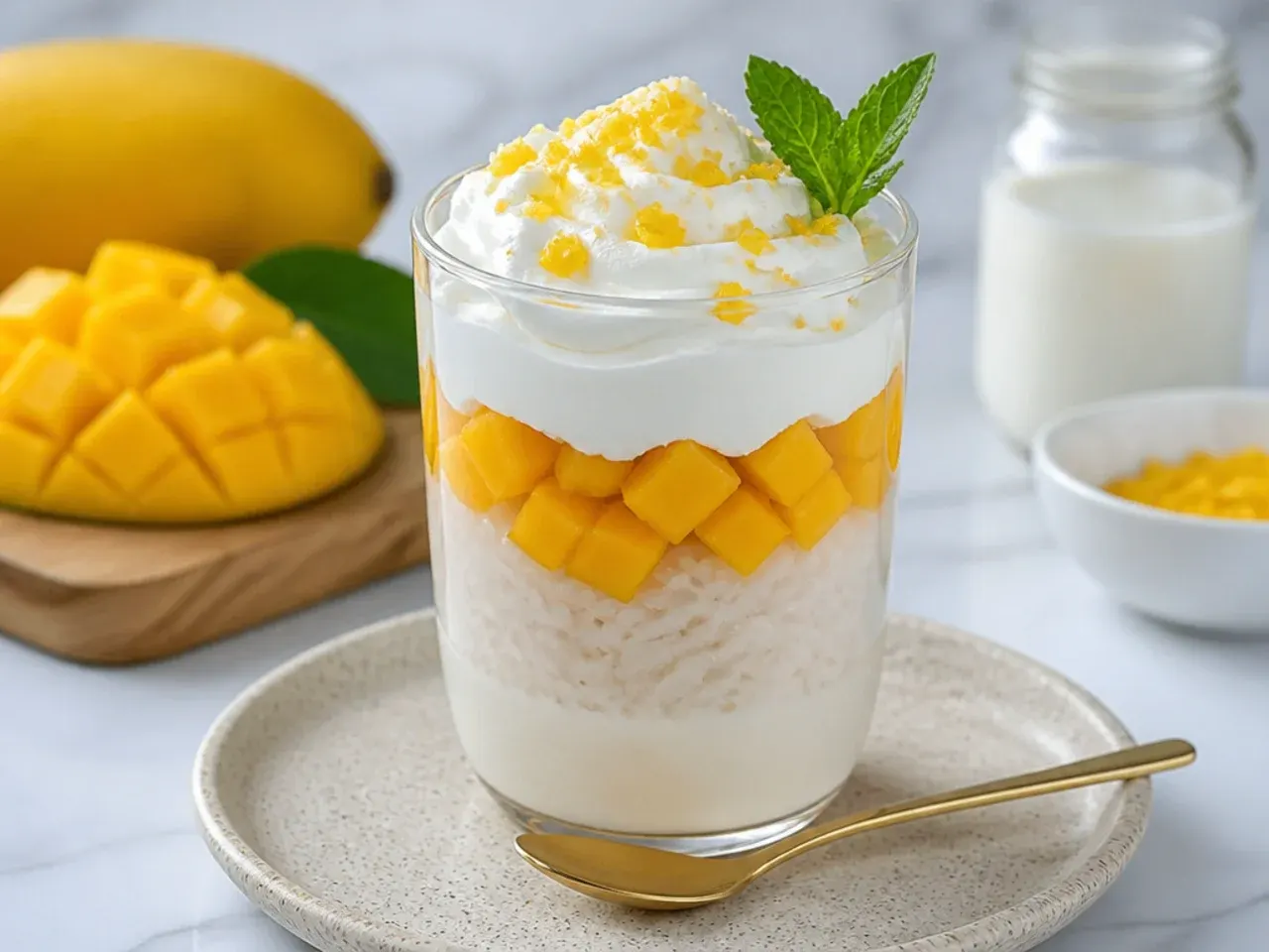 Delicate mango sticky rice parfaits with whipped coconut cream
