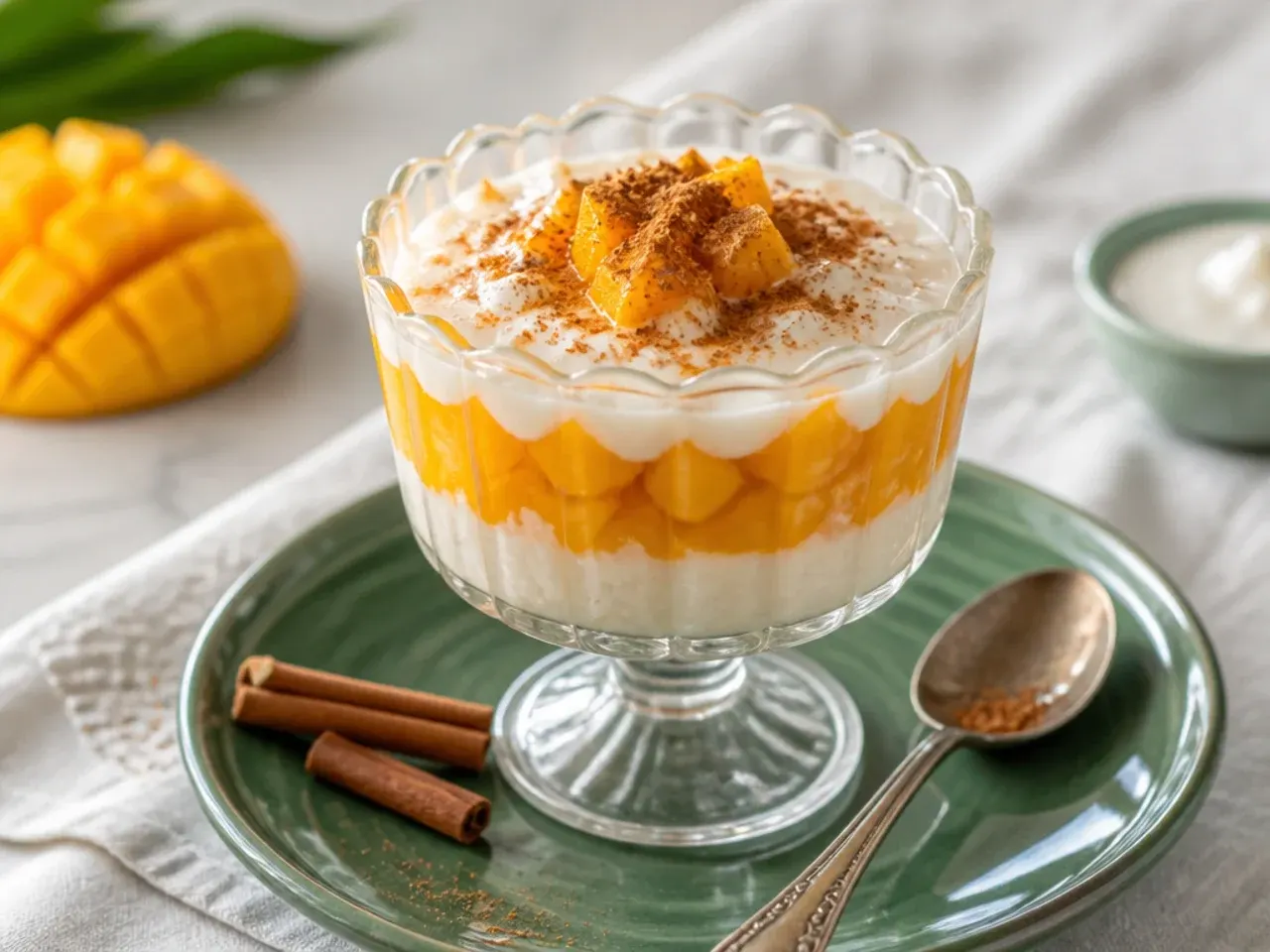 Vintage mango sticky rice coconut pudding cups with cinnamon