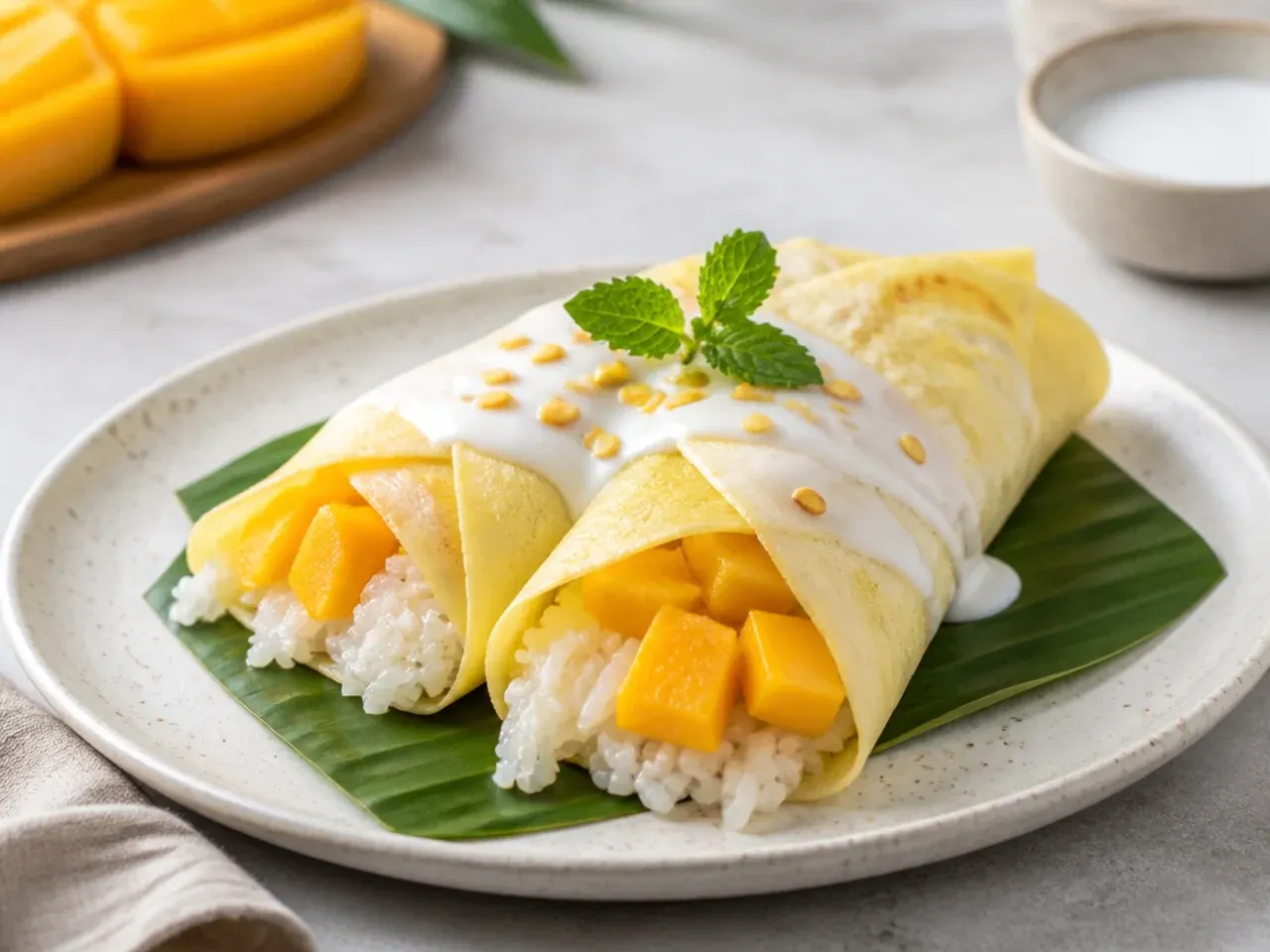 Creative coconut crepes folded around mango sticky rice