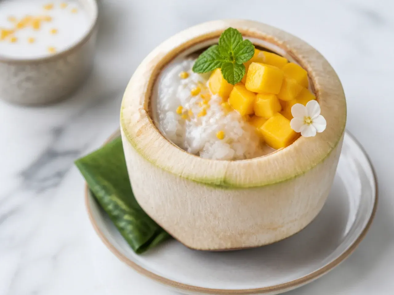 Charming mango sticky rice served in a young coconut shell