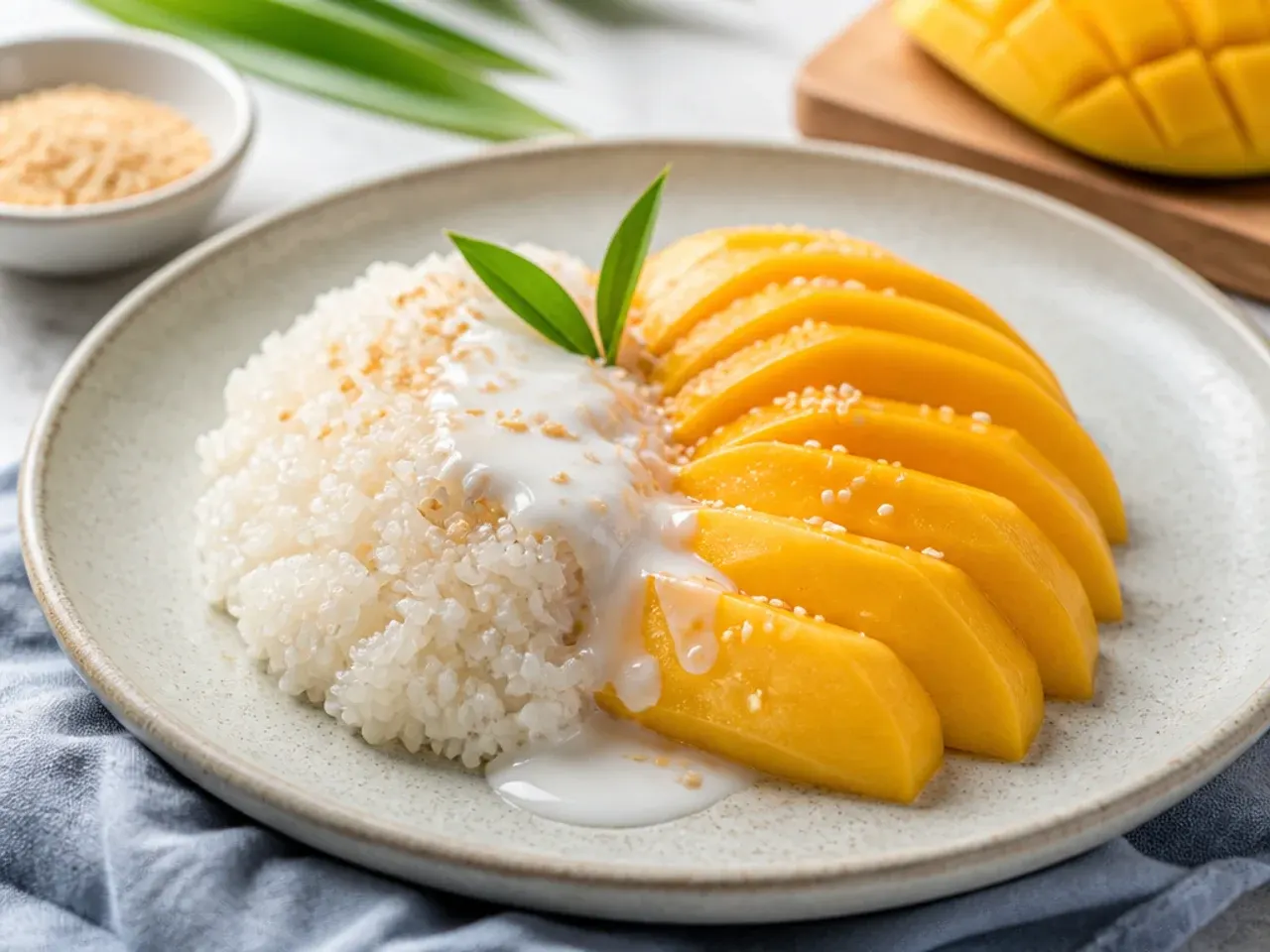 Mango sticky rice serving suggestions plated with sesame garnish