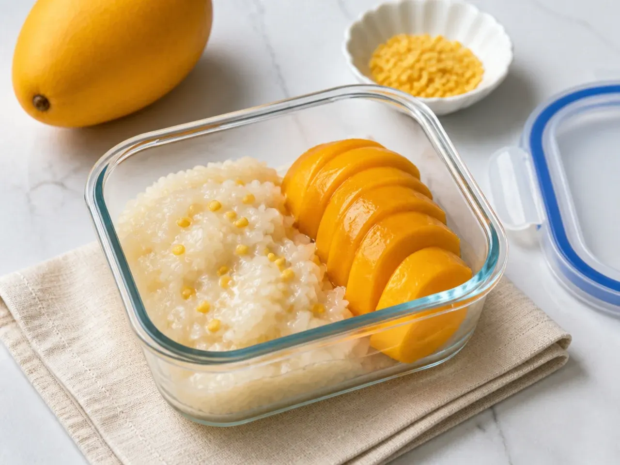 Storing and reheating mango sticky rice with fresh mango