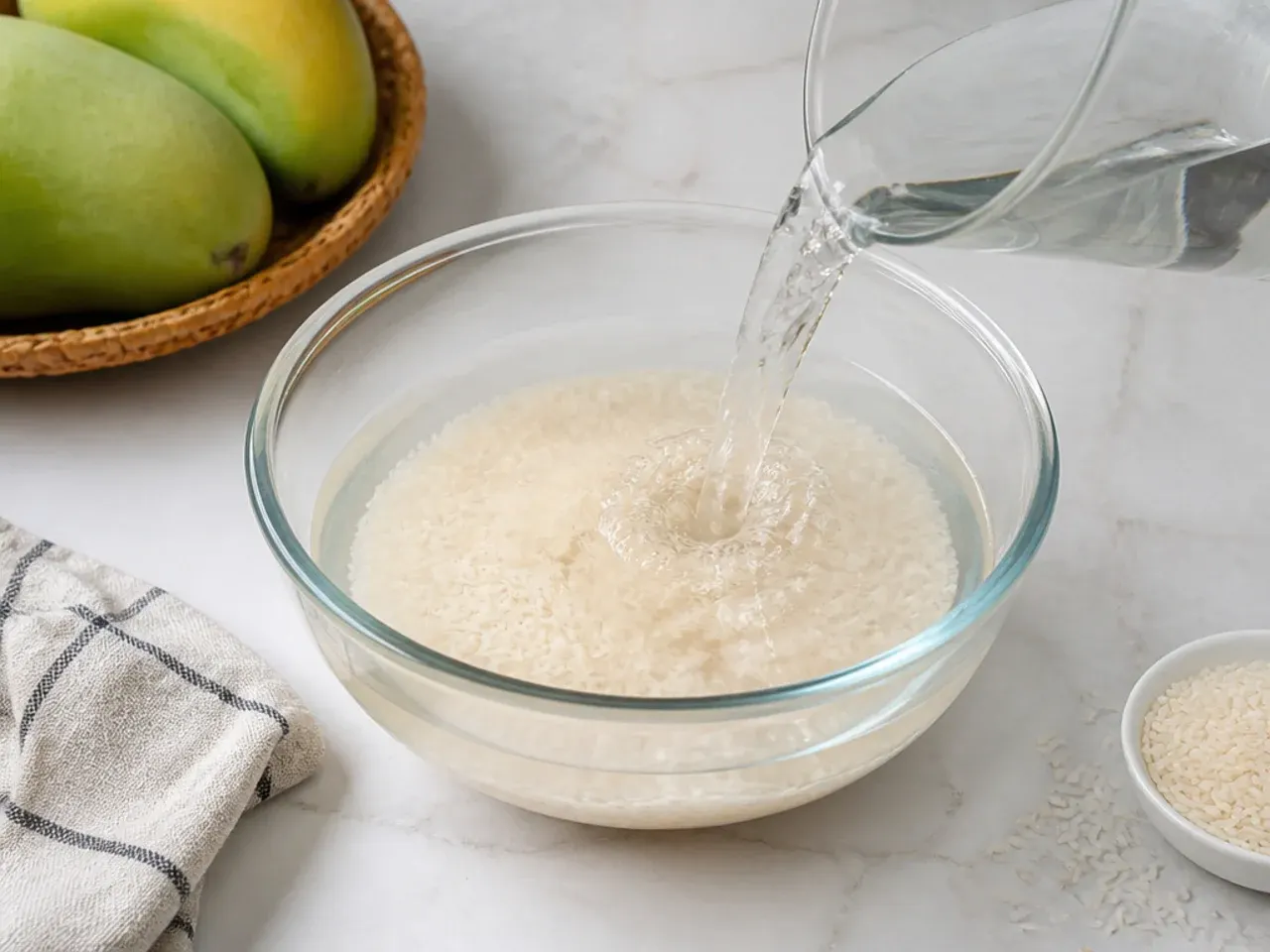 mango sticky rice vs pudding — step 1: rinse and soak the rice