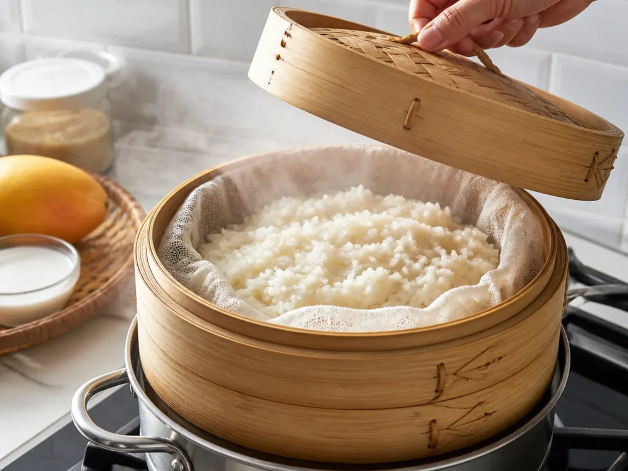 mango sticky rice vs pudding — step 2: steam the rice