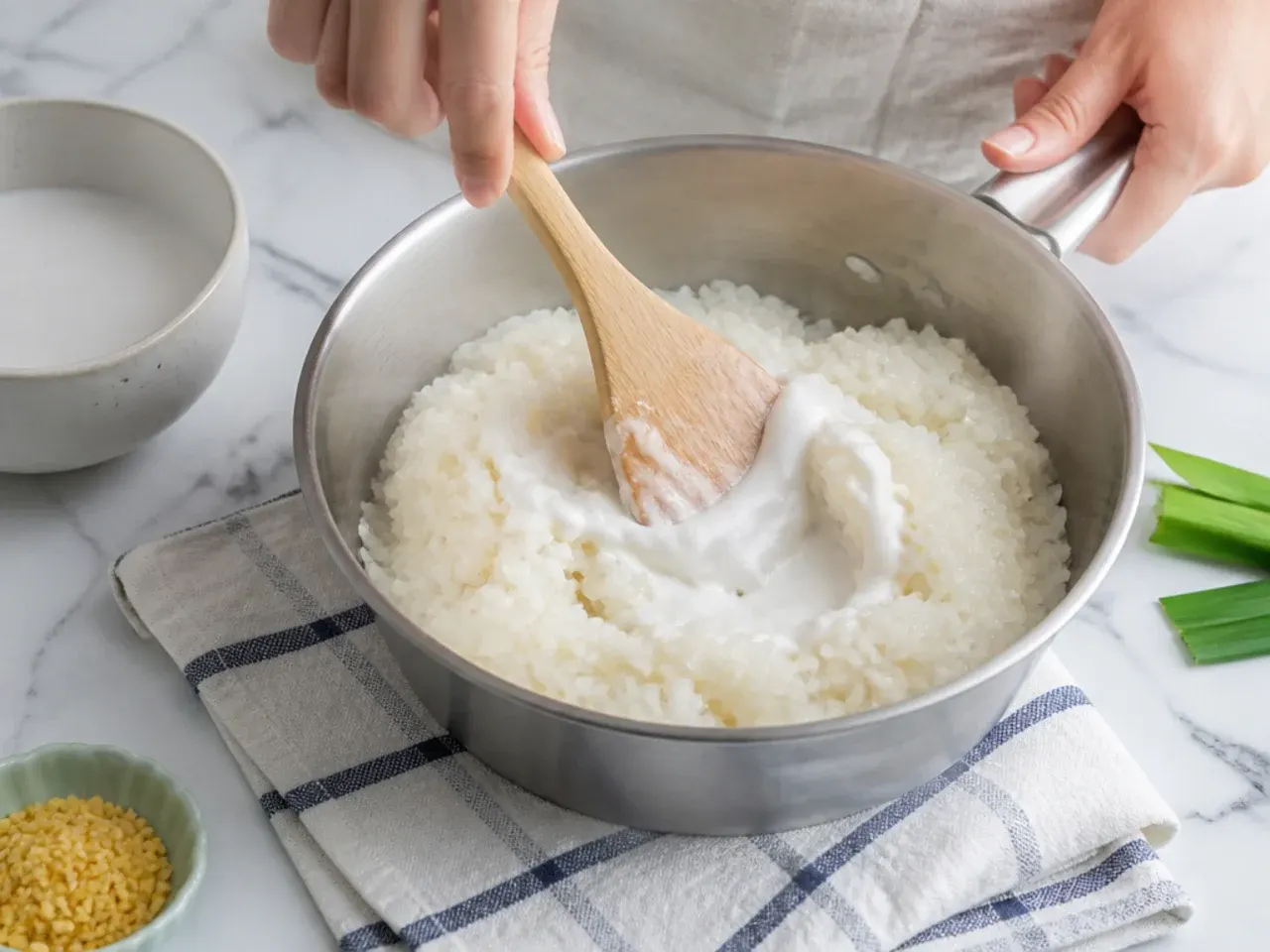 mango sticky rice vs pudding — step 4: fold sauce into the hot rice