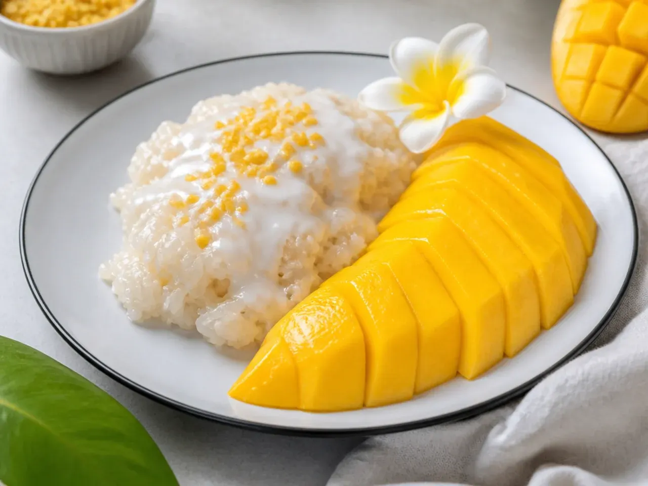 Thai mango sticky rice with fresh mango slices and coconut drizzle on a plate