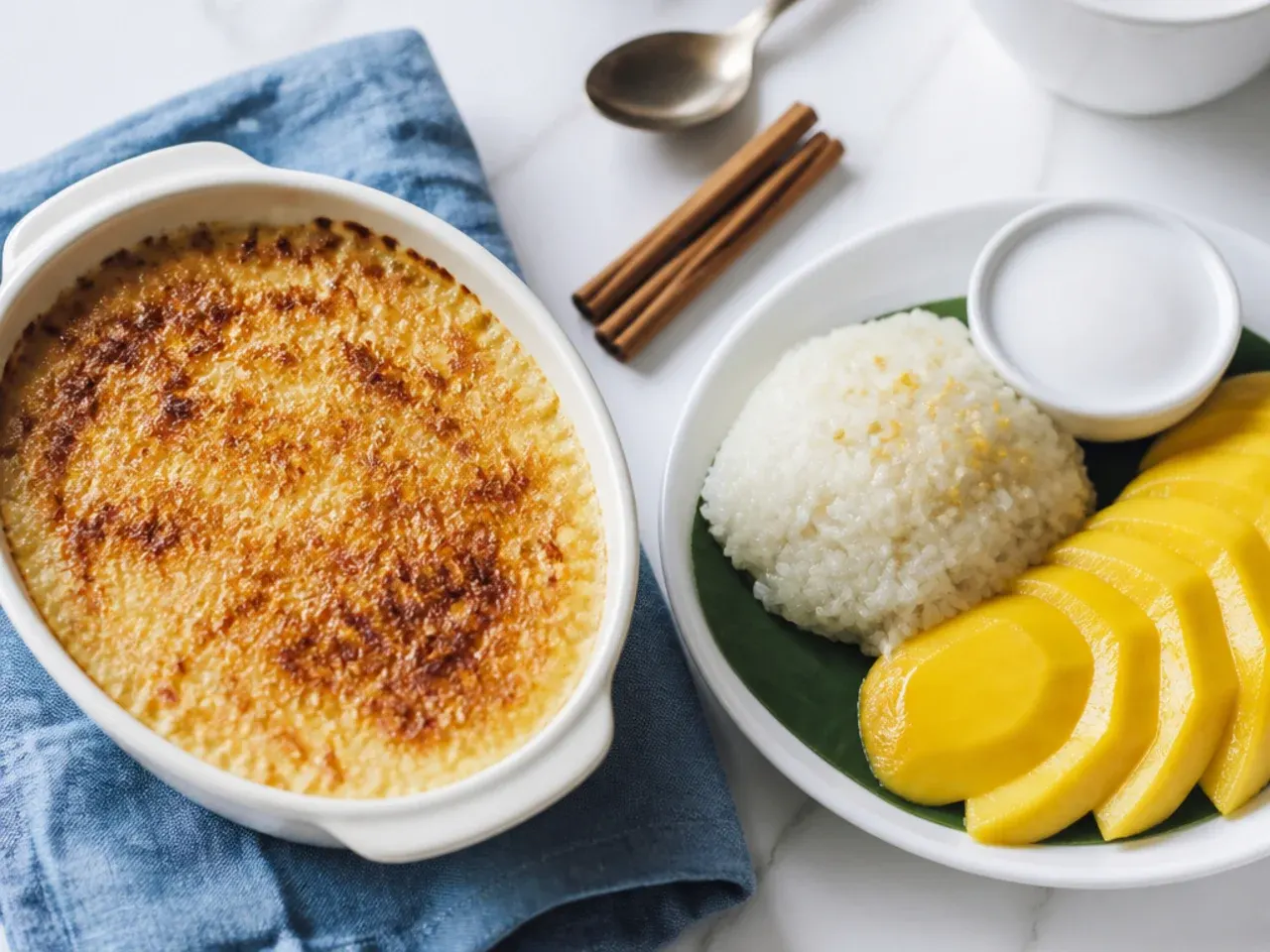 Classic baked rice pudding with golden nutmeg skin in a dish, compared to mango sticky rice