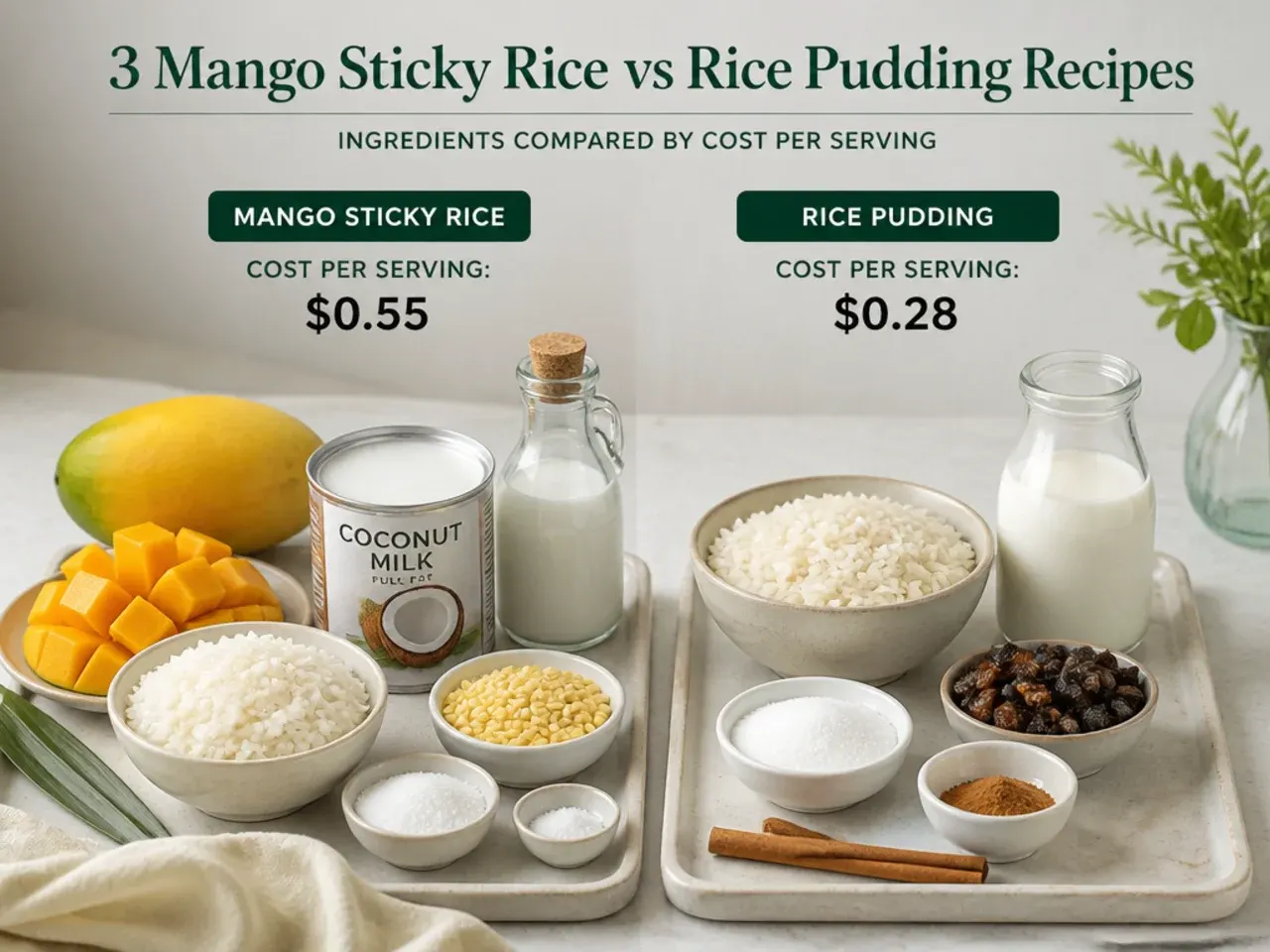 Ingredients for mango sticky rice vs pudding laid out to compare cost per serving