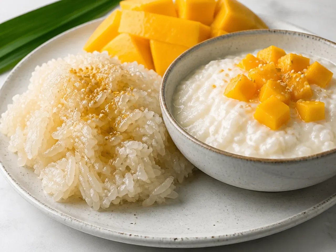Close-up texture comparison of chewy mango sticky rice grains versus creamy rice pudding