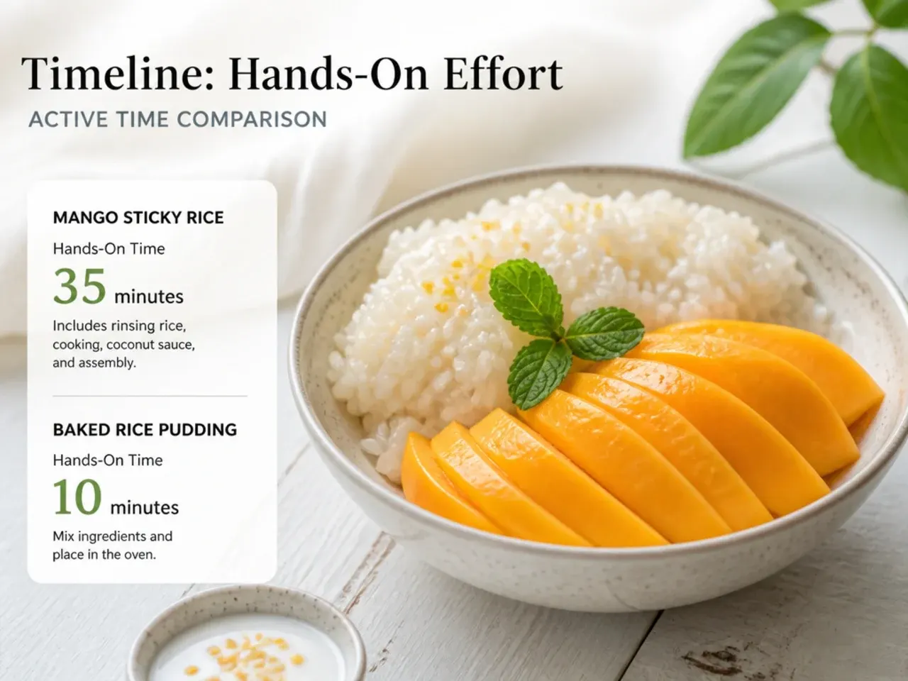 Timeline comparing hands-on effort for mango sticky rice versus baked rice pudding