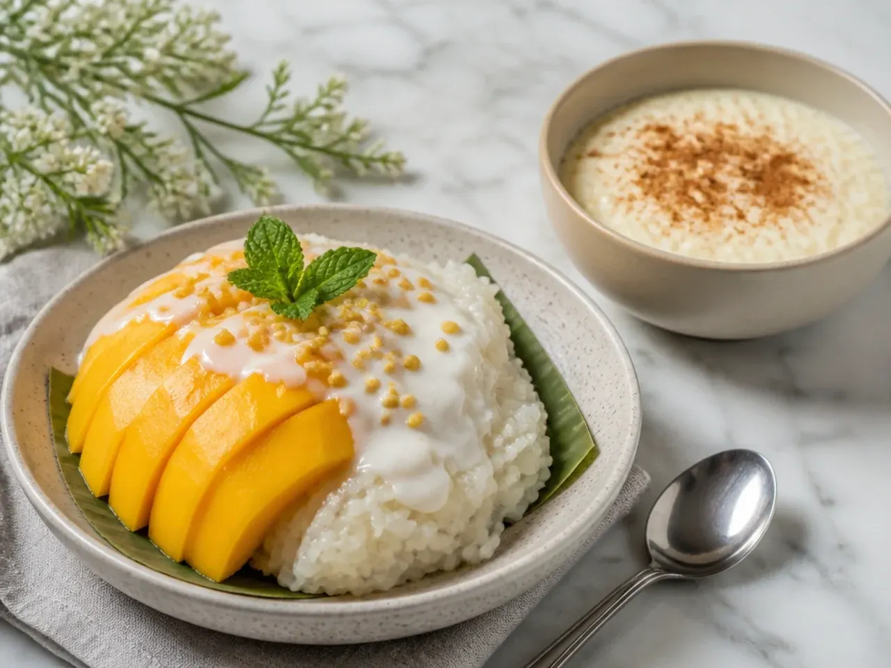 Mango sticky rice plated as a dinner-party dessert next to a bowl of pudding for comparison