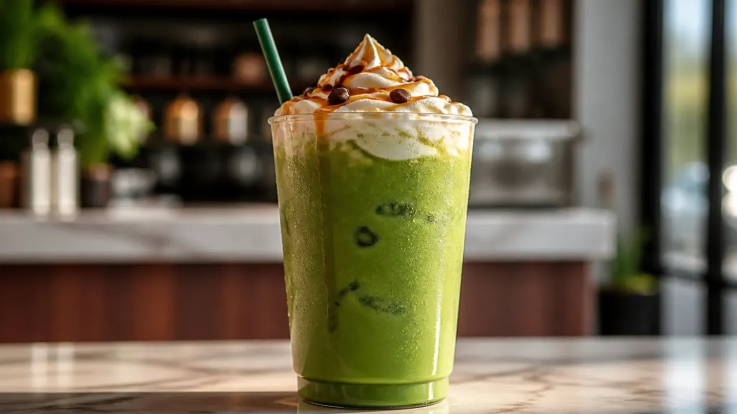 Iced matcha latte in a tall glass with milk being poured over green tea, surrounded by matcha powder and a bamboo whisk